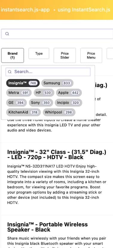 An example of dropdown facets for mobile