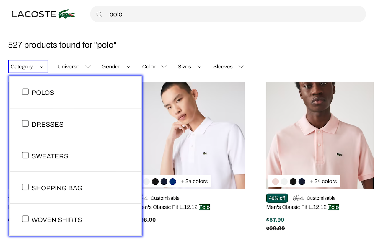 Lacoste search interface with filters in dropdown menus