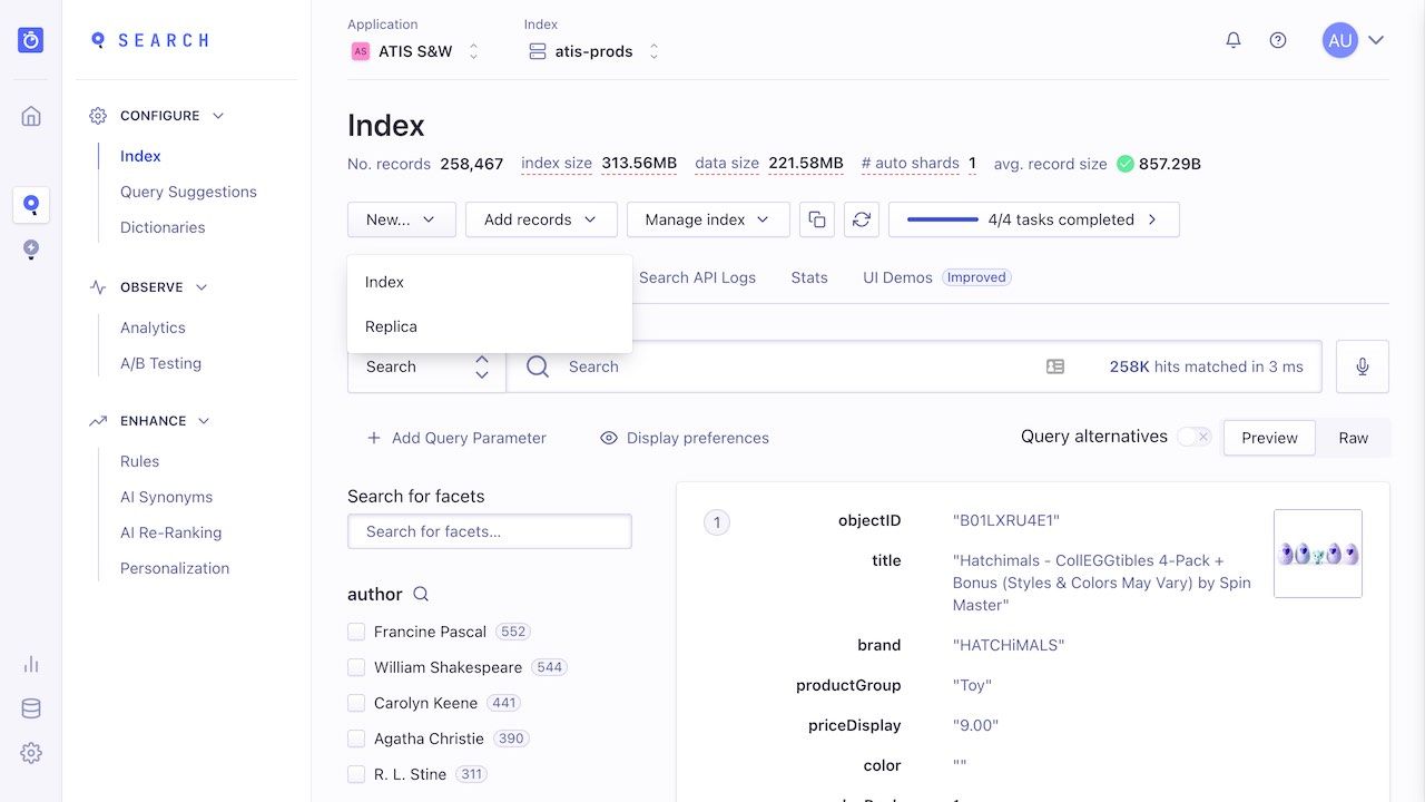 Creating a new Algolia index