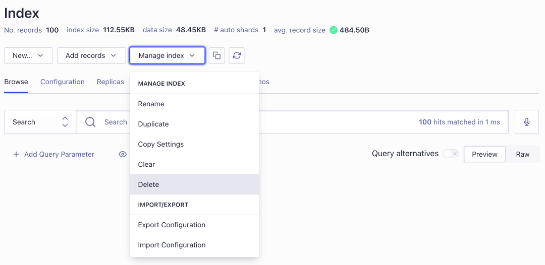 Delete an index from the Algolia dashboard