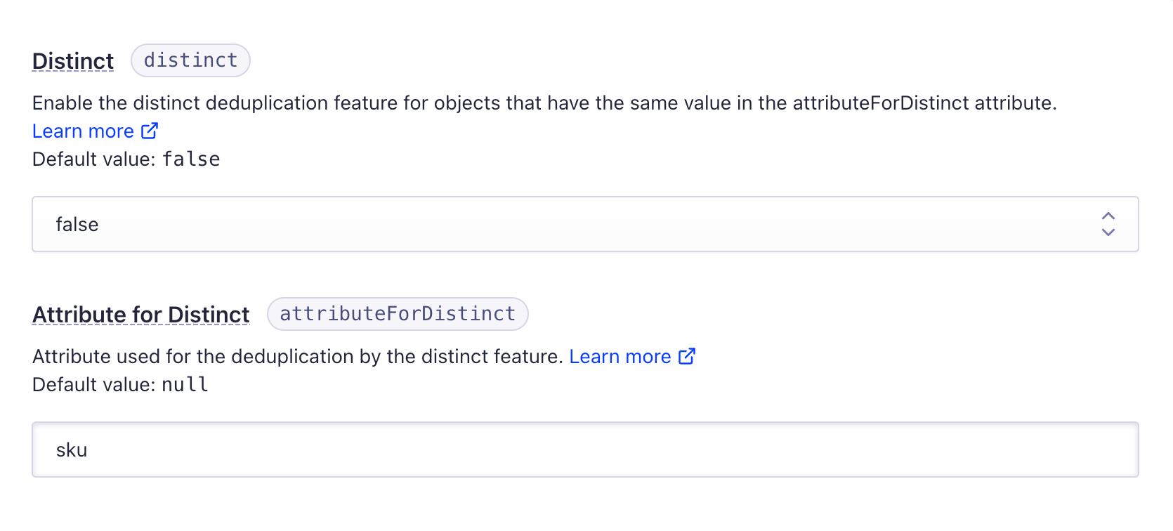 Set the `attributeForDistinct` in your index settings