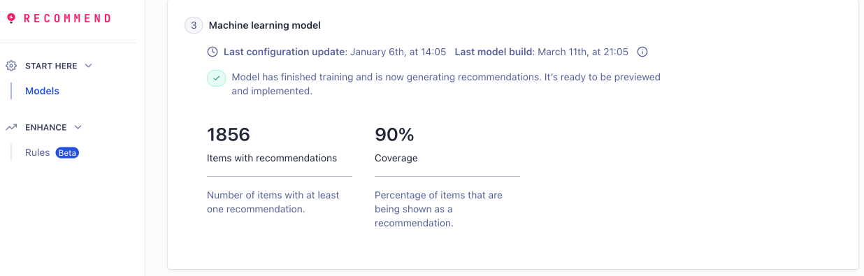 Summary for the training of the Recommend model