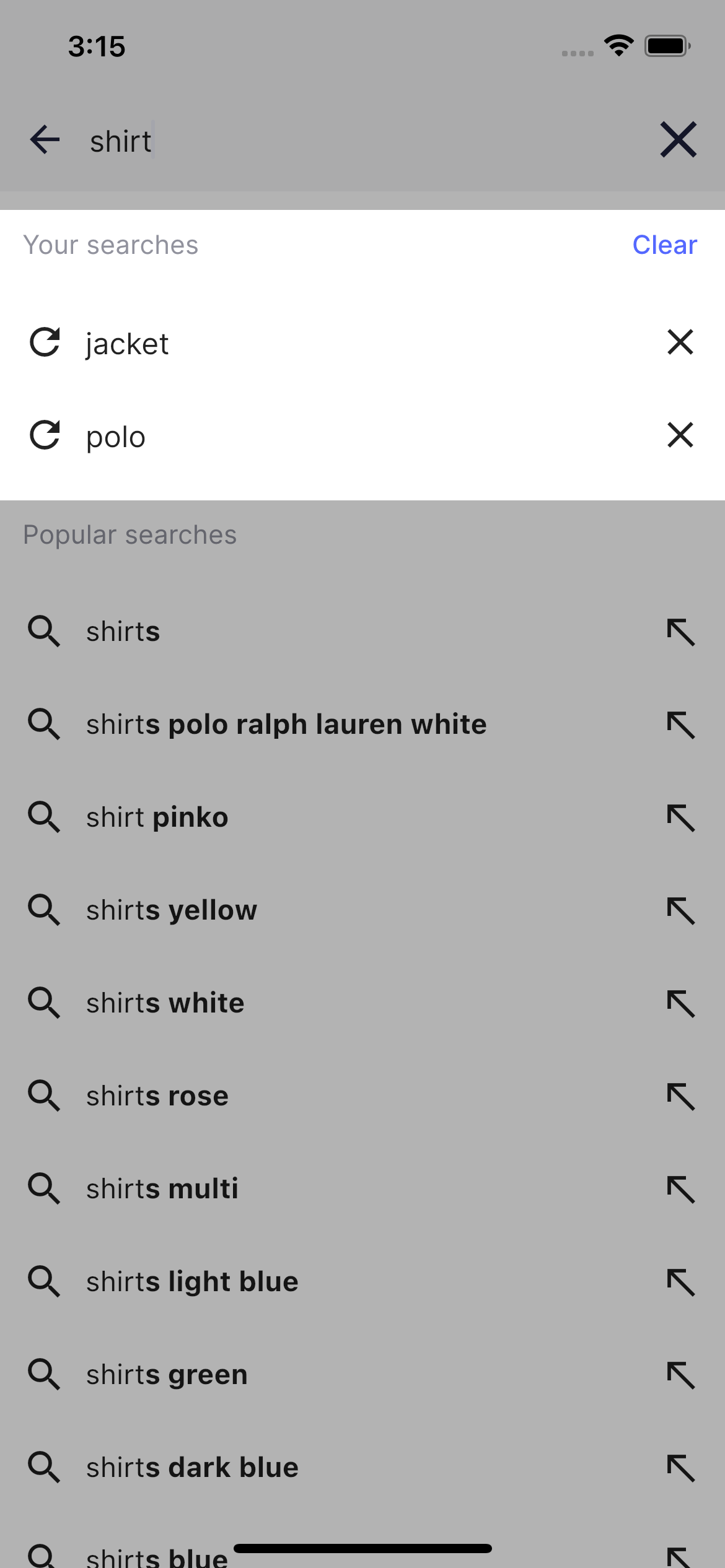 The search history section