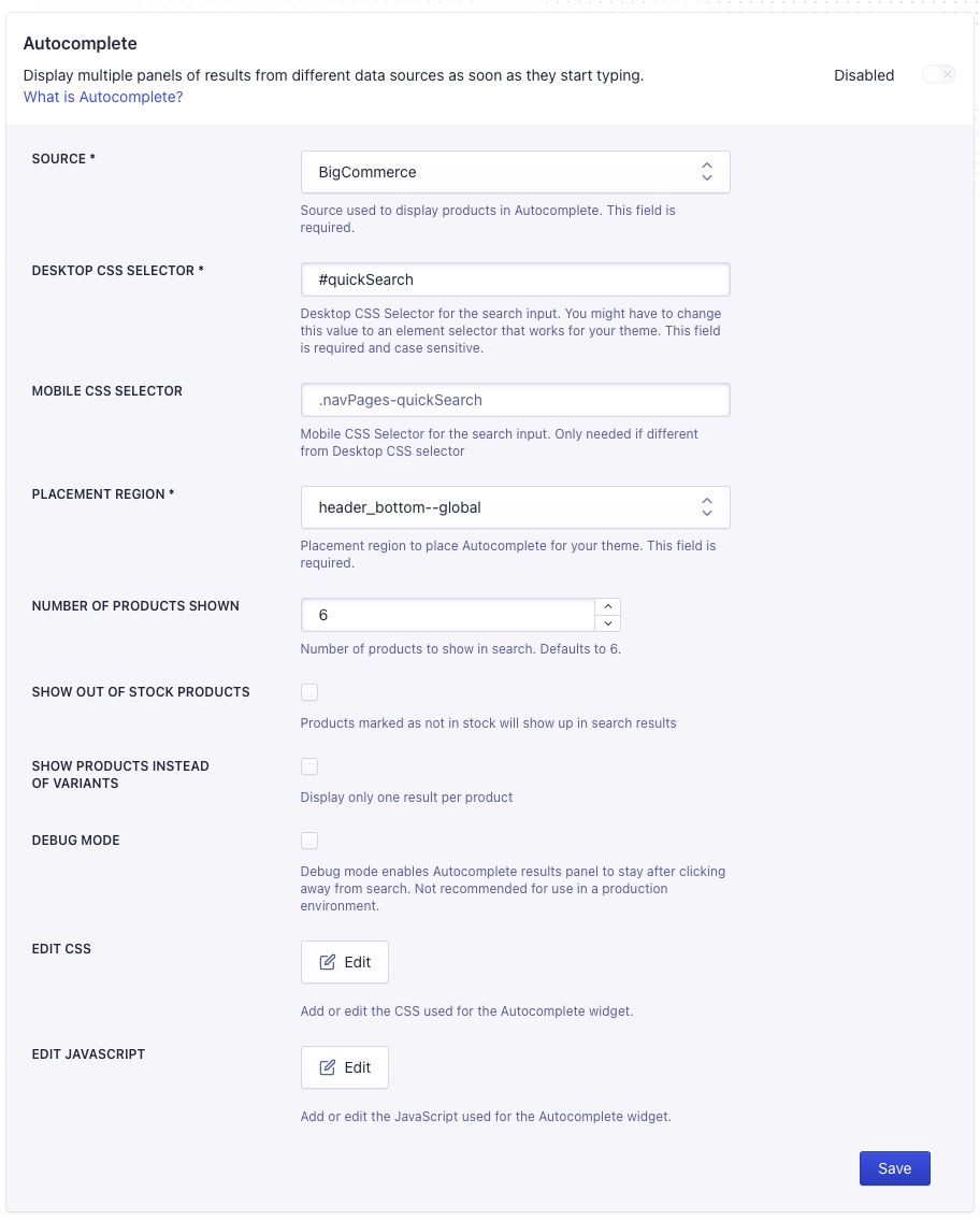 Autocomplete settings in the BigCommerce app