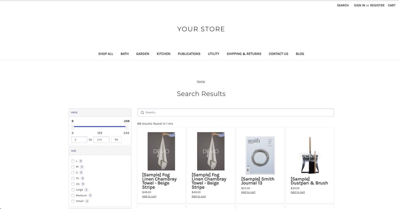 InstantSearch results page with widgets for filtering by price range or size and products displayed as cards