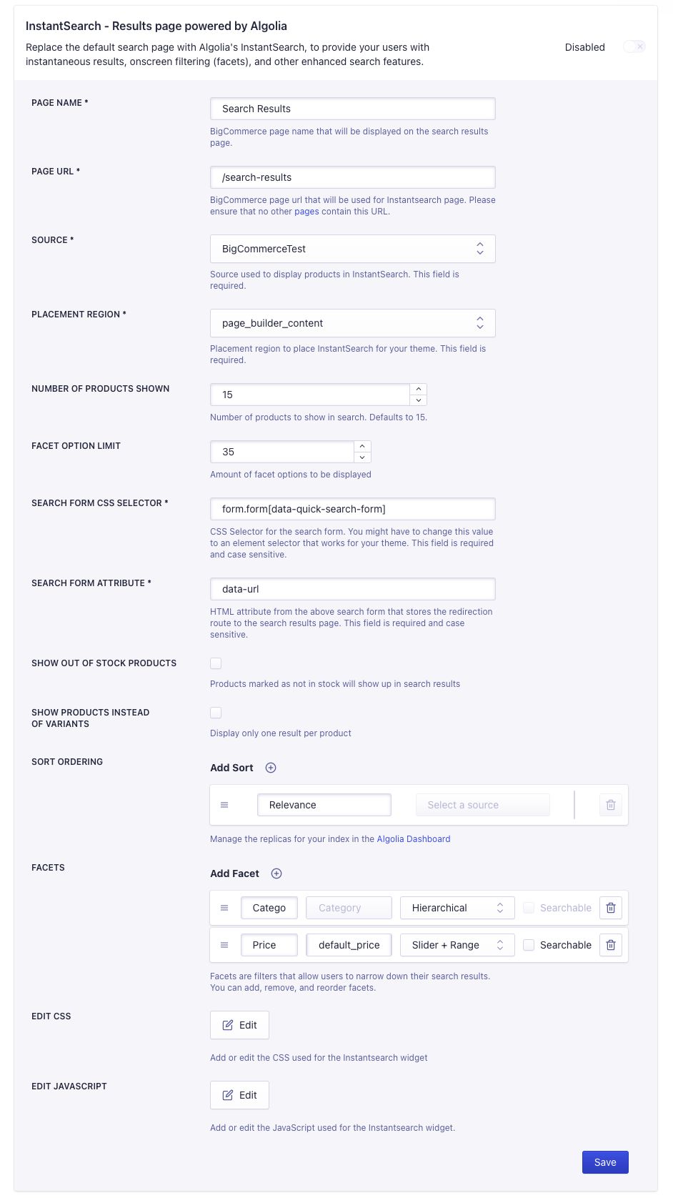 InstantSearch settings in the BigCommerce app