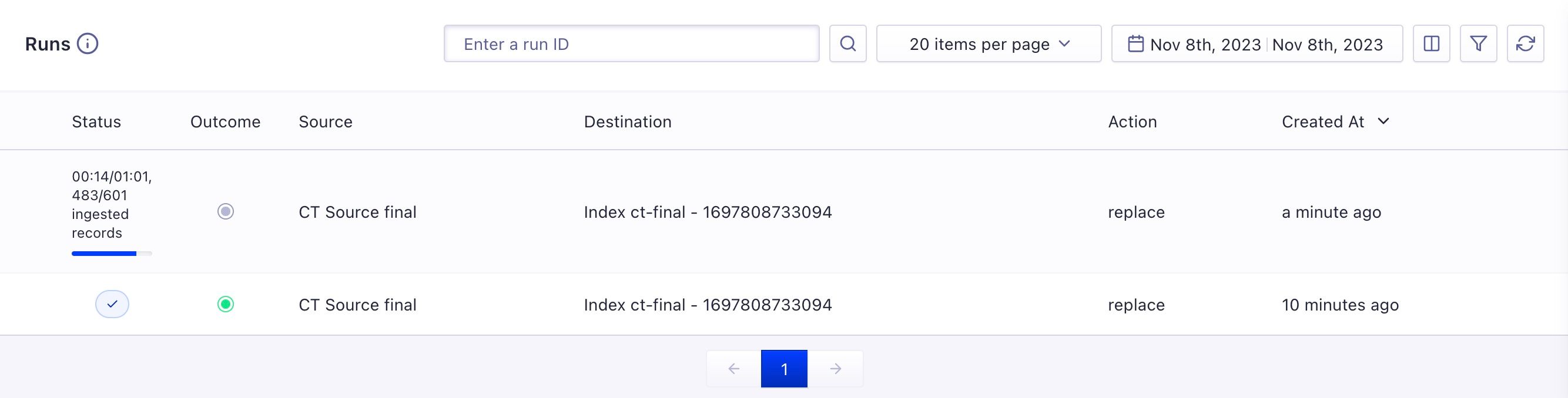 List of reindexing runs to index commercetools products with Algolia