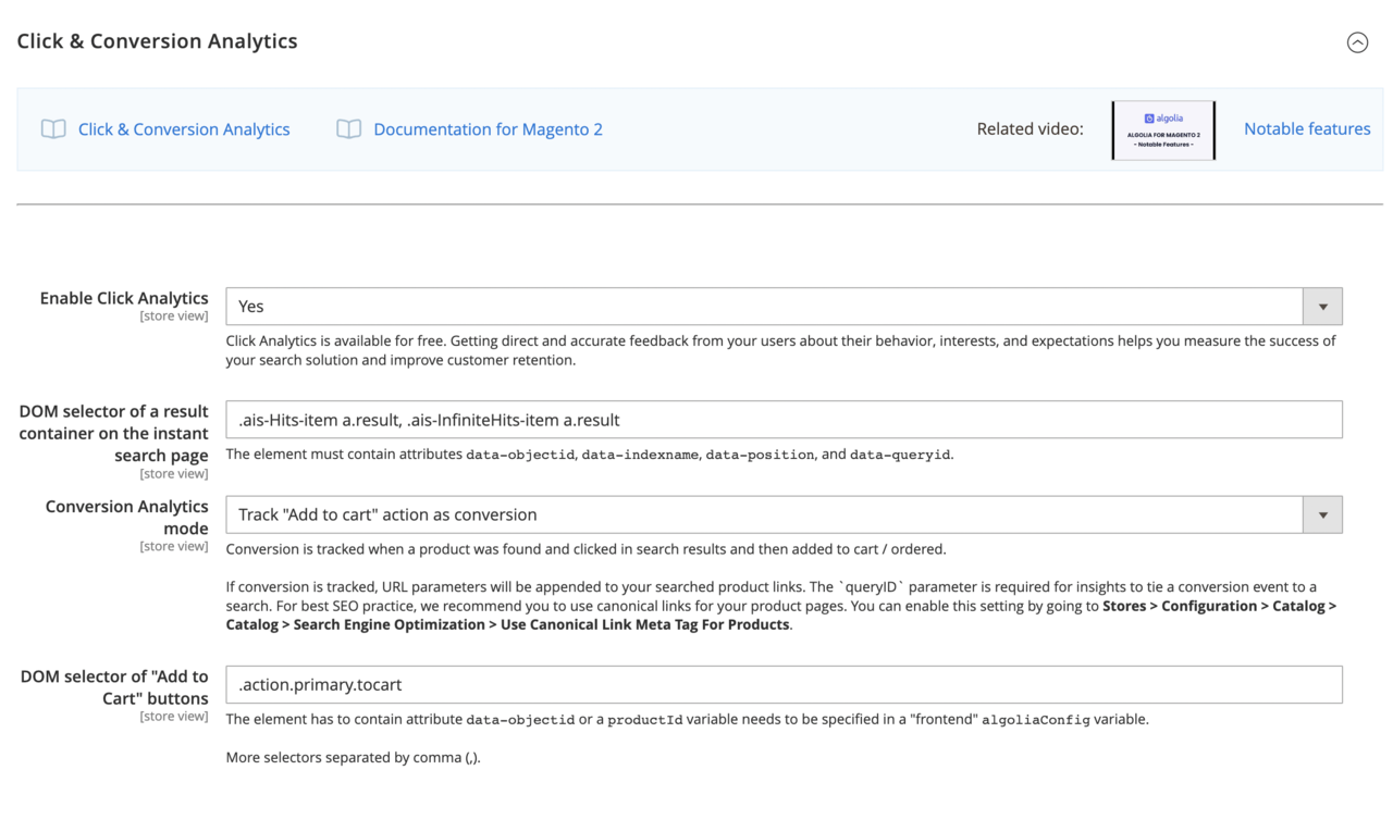 Enable click and conversion analytics in your Magento dashboard