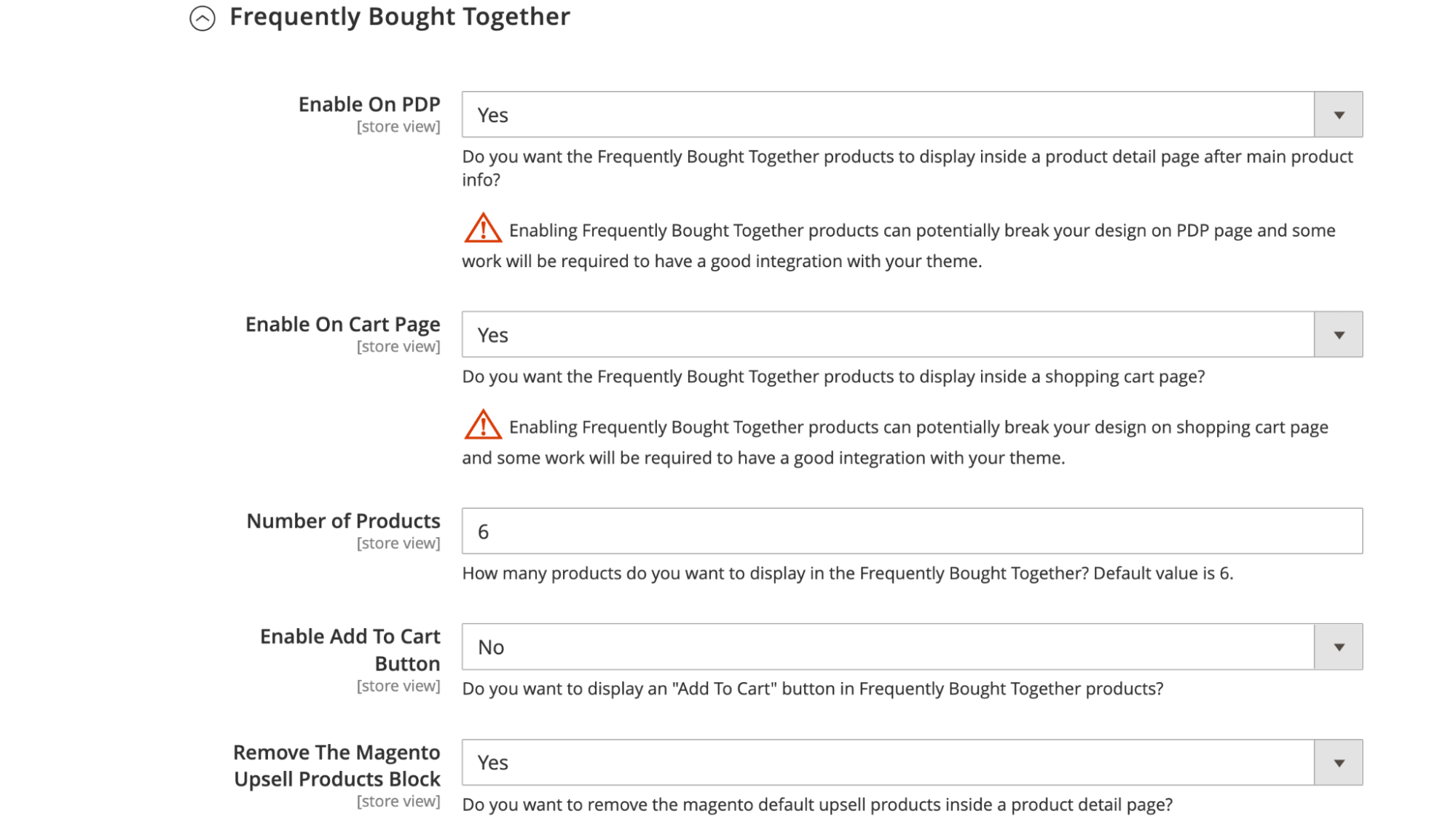 Configure the Frequently Bought Together recommendations in the Magento dashboard