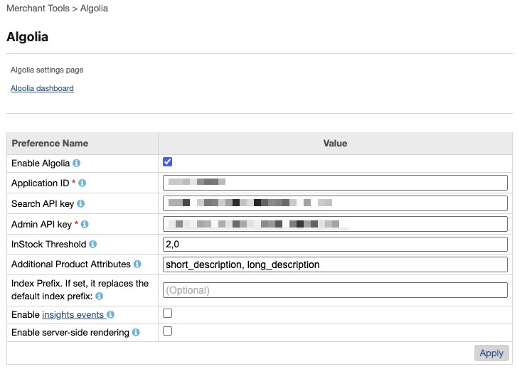 Configure Algolia custom site preferences