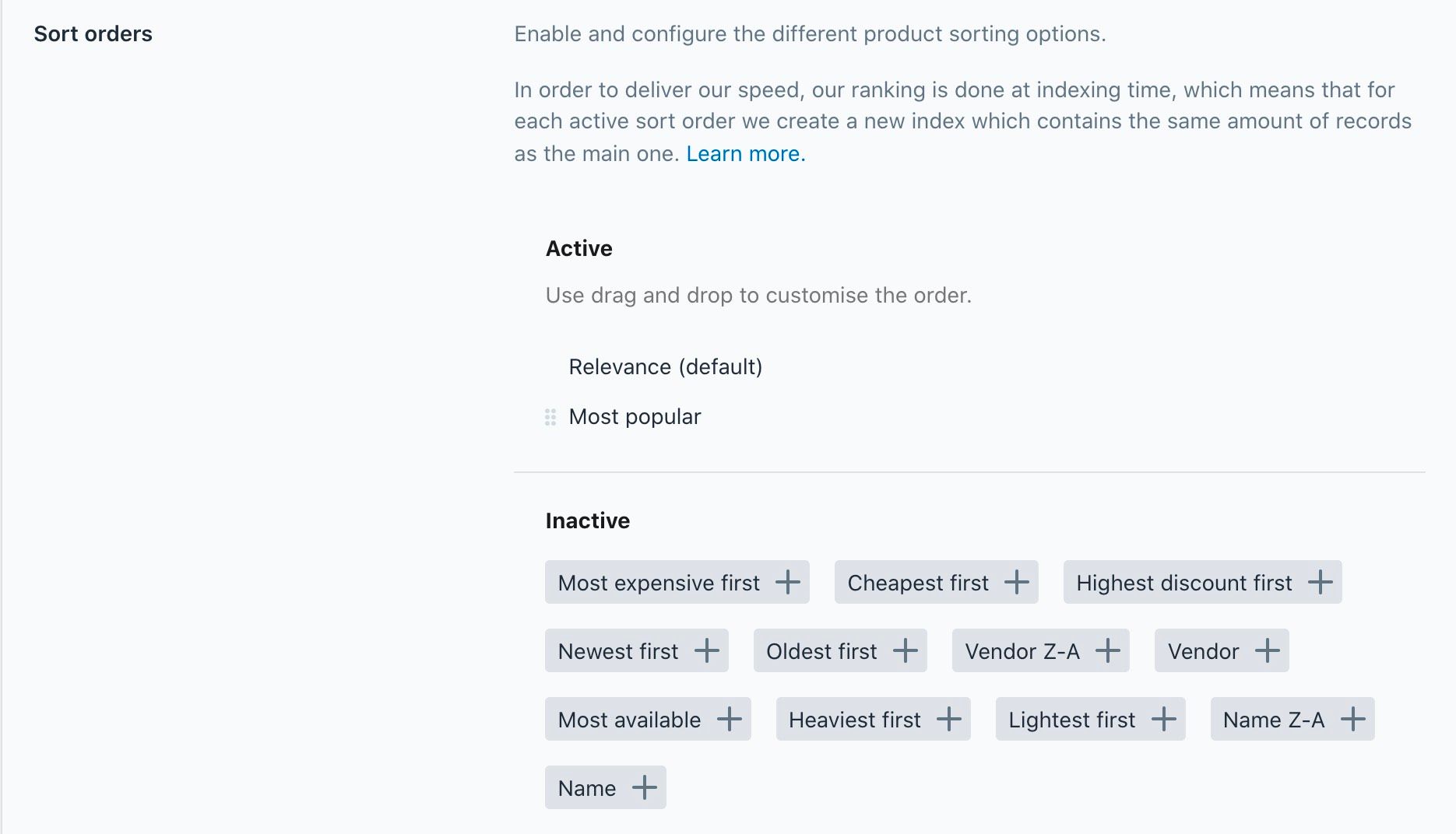 The sort orders configuration screen