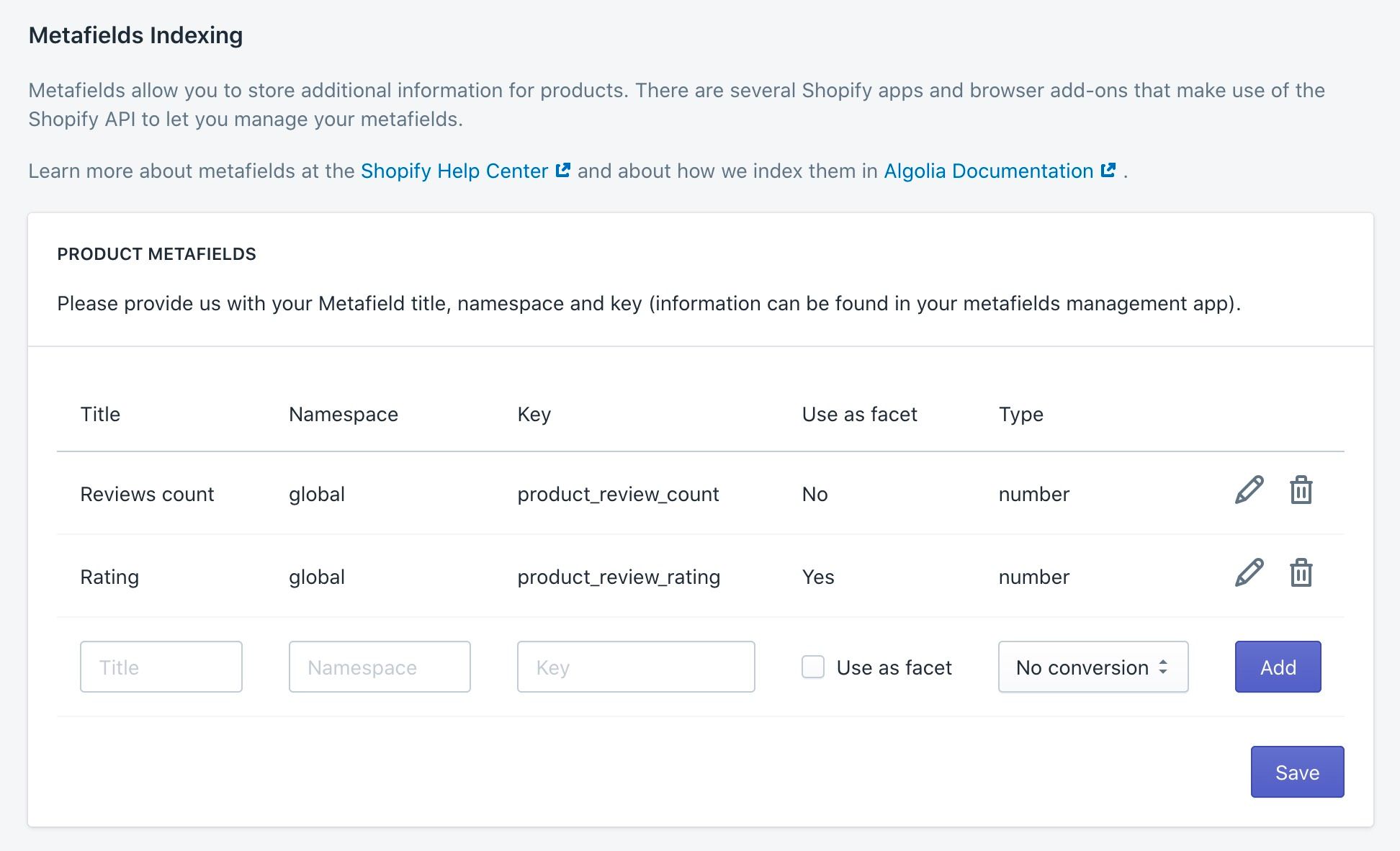 Add metafields to your index in the Shopify admin