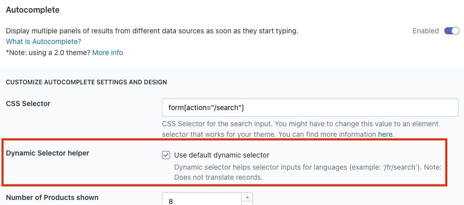 Dynamic selector helper checkbox for multi-language support with autocomplete widget