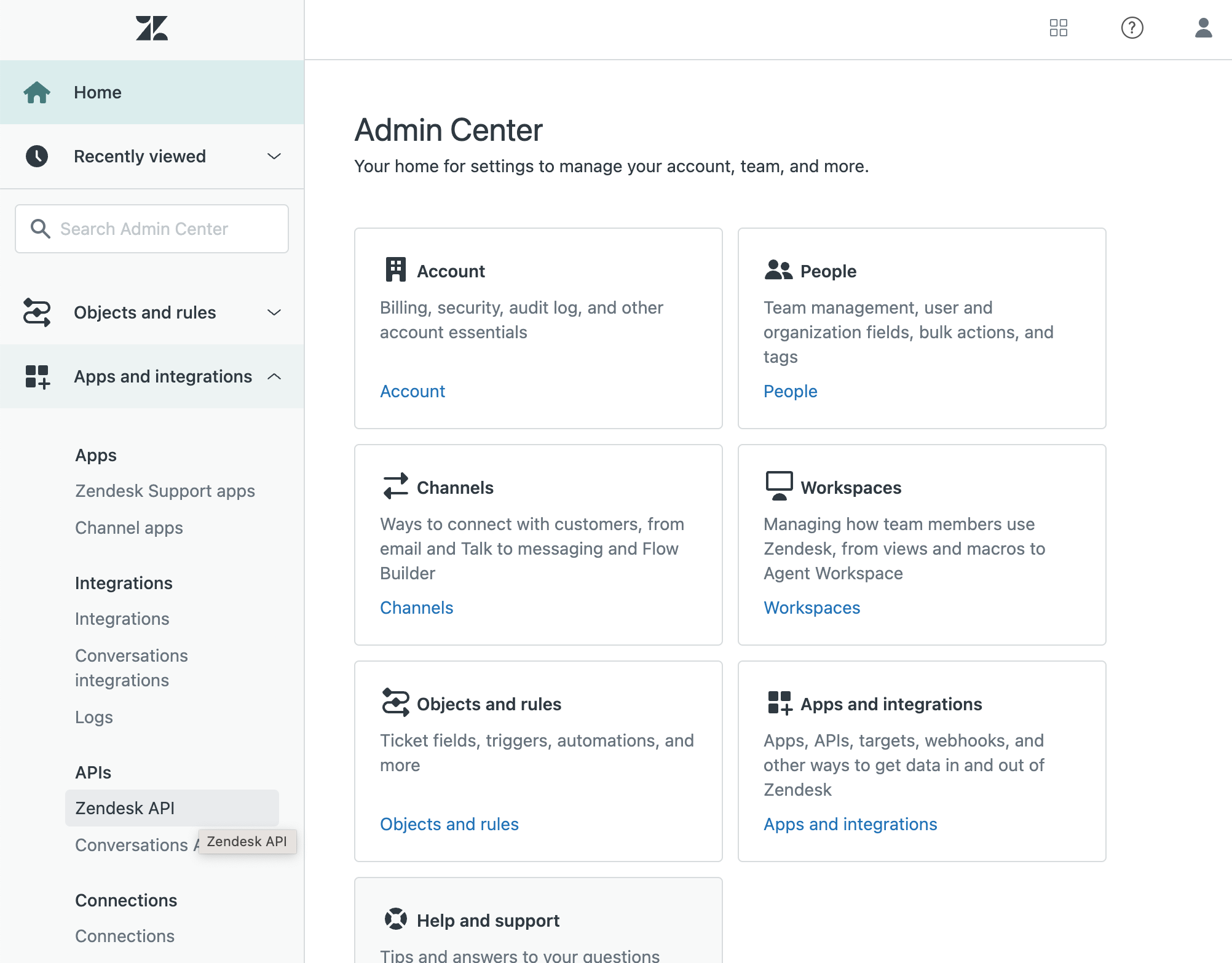 The Zendesk API selection menu in the Zendesk dashboard.