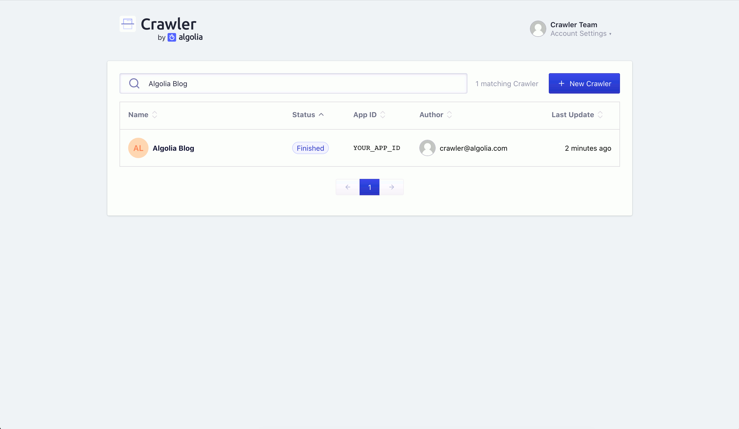 Home page of the Crawler Admin