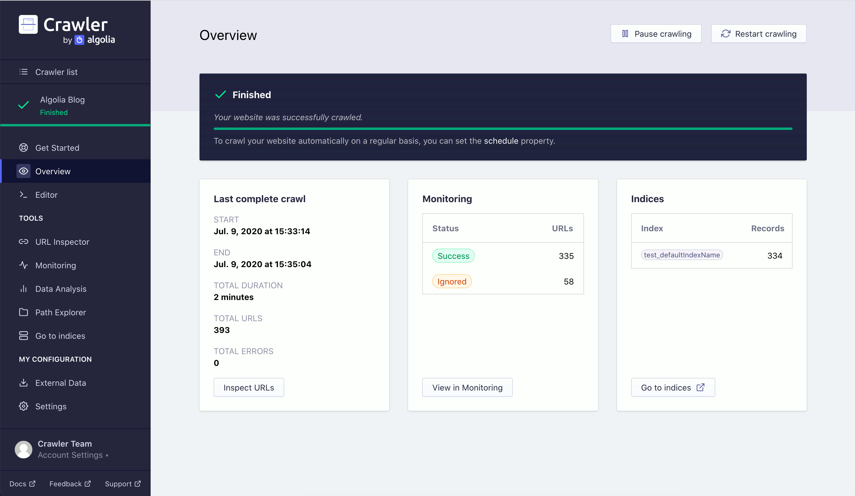 Overview tab of the Crawler Admin