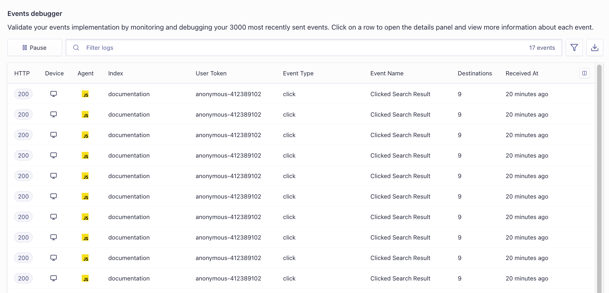 Events debugger in the Algolia dashboard with a table of incoming events.